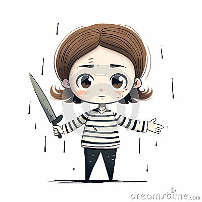Supernatural Realism: Cartoon Girl With Knife In Rain - Dark, Kawaii, Emotionally Charged Stock Photo