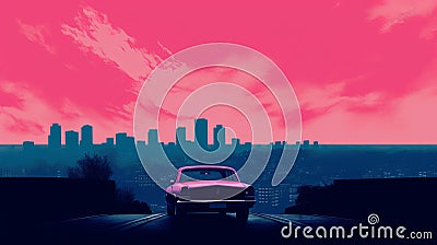 Supernatural Realism: Pink Car On Asphalt With City View Stock Photo