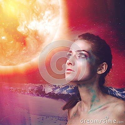 Supernova, science fiction female portrait Stock Photo