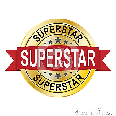 superstar 3d gold badge with red ribbon on white Stock Photo