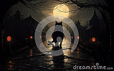 Superstitious scene with a black cat sitting on a walkway against the full moon Stock Photo