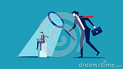 Supervise work. Managers use a magnifying glass to see employees at work Vector Illustration