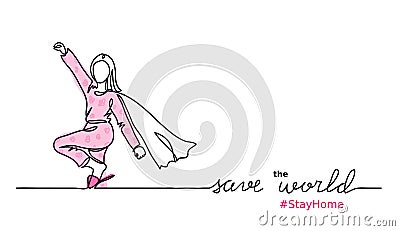 Superwoman in cape and pajamas. Save the world from covid virus concept. Stay at home simple vector web banner Vector Illustration