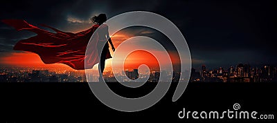 Superwoman Superhero in Red Cape Over Night City Stock Photo