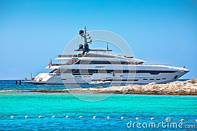 Superyacht near turquoise beach on Paklenski islands view, Hvar archipelago Stock Photo