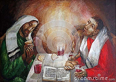 Supper at Emmaus, detail of altar in Chapel in Oberstaufen, Germany Stock Photo