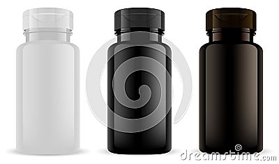 Supplement bottle. Vitamin pill jar mockup. 3d Vector Illustration