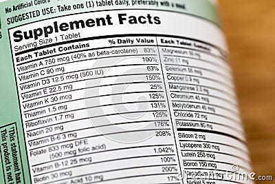 Supplement facts vitamin list ingredient label health ingredients supplements Stock Photo