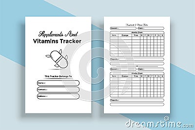 Supplement and vitamin notebook KDP interior. Patient regular medicine information checker notepad interior. KDP interior journal Vector Illustration