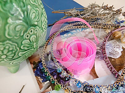 Supplies for jewelry, ribbon, beads Stock Photo