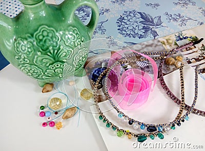 Supplies for jewelry, ribbon, beads Stock Photo