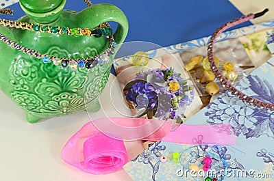 Supplies for jewelry, ribbon, beads Stock Photo