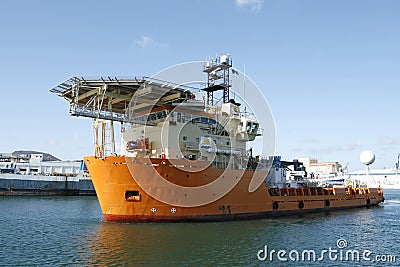 Supply boat with helideck Stock Photo