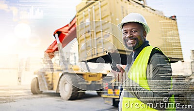 Supply chain, communication and futuristic with a man shipping or logistics worker on a dock with a crane and container Stock Photo