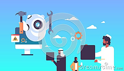 Support bot robot wrench service repair concept artificial intelligence arabic people using gadgets flat horizontal Vector Illustration