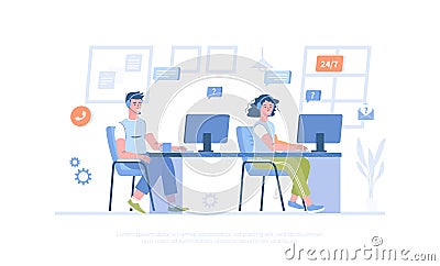 Support center. Online consultants help clients in chats and calls. Call center operators. Vector Illustration