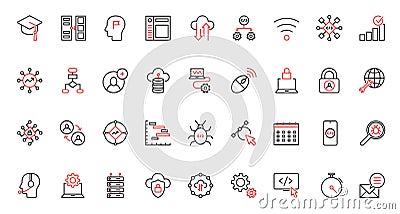 Support for computer software, program code red black thin line trendy icons set, maintenance service. Vector Illustration