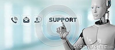Support customer service automation. Robot pressing button on screen 3d render Stock Photo