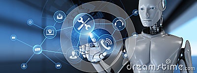 Support customer service automation. Robot pressing button on screen 3d render Stock Photo