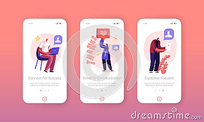 Support Customers Line Mobile App Page Onboard Screen Set. Hotline Operators Help Clients to Solve their Problems Vector Illustration