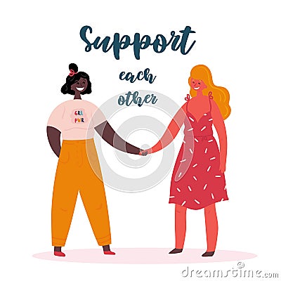 Support each other, Two girl power women feminist Vector Illustration