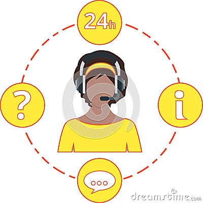 Support Female - yellow color, service icons and headset Vector Illustration