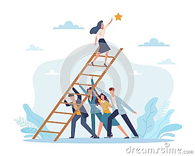 Support of friends and colleagues in achieving goal, realizing dreams. People hold ladder, woman takes out star, solving Stock Photo