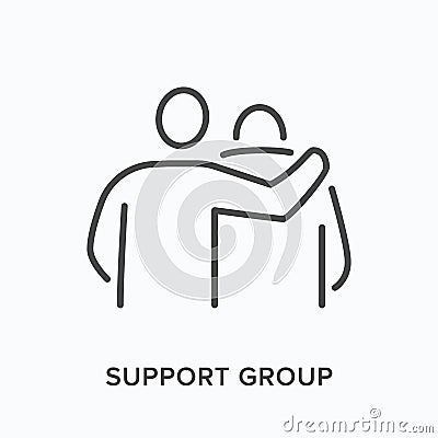 Support group flat line icon. Vector outline illustration of therapy, friendship hug. Man supporting his friend with Vector Illustration