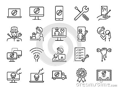 IT support icon set. Included the icons as tech support, technician, broken computer, mobile, technical help desk, onsite services Vector Illustration