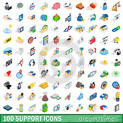 100 support icons set, isometric 3d style Vector Illustration