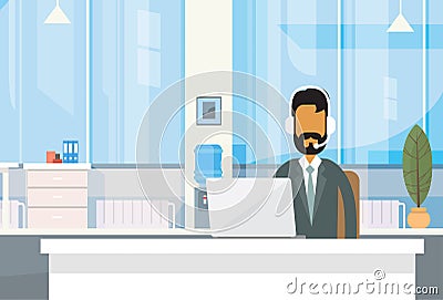 Support Indian Business Man Sitting Desk India Businessman Office Working Place Laptop Online Vector Illustration