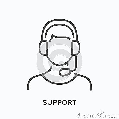 Support line icon. Vector outline illustration of customer assistant in headphones with microphone. Helpline operator in Vector Illustration