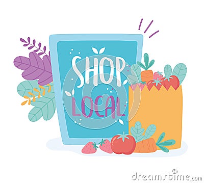Support local business, shop small market, board and paper bag with food Vector Illustration