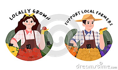 Support local farmers concept. Eat Local organic production. Group Agricultural worker. Set farmers selling vegetables Vector Illustration