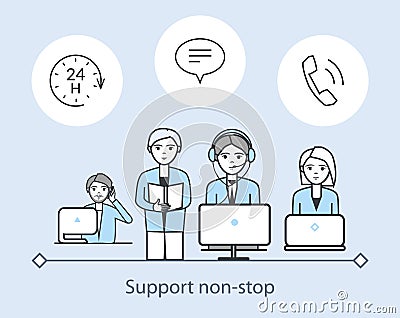 Support Non Stop Poster Service Workers Vector Vector Illustration