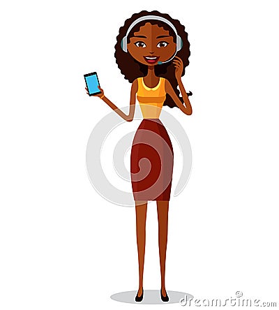 Support phone operator icon. Woman with smart phone. Vector Illustration