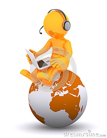 Support phone operator sitting on earth globe Stock Photo