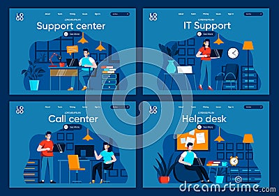 Support service flat landing pages set. Helpline operator with headset work with computer scenes for website or CMS web Vector Illustration