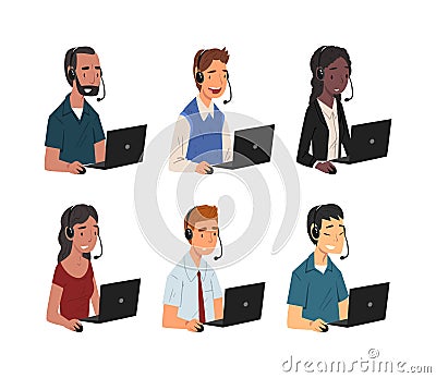 Support service operators or hotline workers with headsets consulting customers set. Customer service, call center Vector Illustration