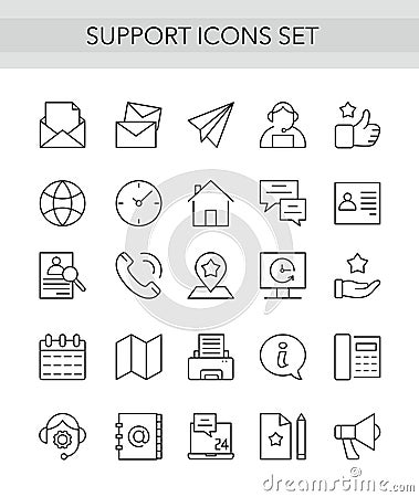 Support service thin line icons set, outline vector illustration collection with customers tech help Vector Illustration
