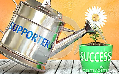 Supporters helps achieving success - pictured as word Supporters on a watering can to symbolize that Supporters makes success grow Cartoon Illustration