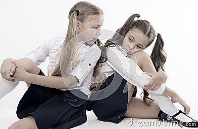 Supportive friend. Girl upset result knowledge test. Schoolgirls cute hairstyle sit desk. Best friends free relaxing Stock Photo