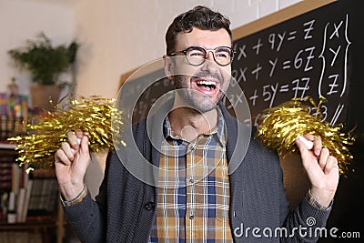 Supportive math teacher cheerleading with pompoms Stock Photo