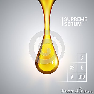 Supreme collagen oil drop serum. Shining golden essence droplet cosmetic design Vector Illustration