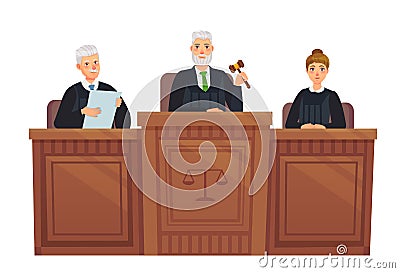 Supreme court tribune. Judges in session, judge holding hammer and justice cartoon vector illustration Vector Illustration