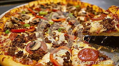 Supreme pizza lifted slice. Ai Generative Stock Photo