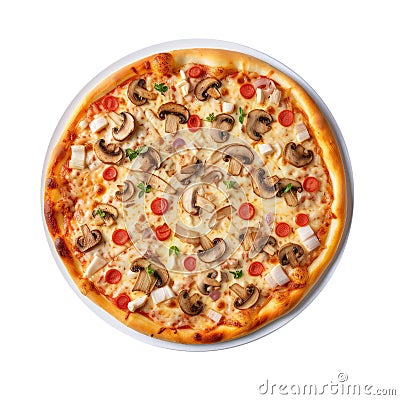 Supreme Pizza On White Plate On White Background Directly Above View Stock Photo