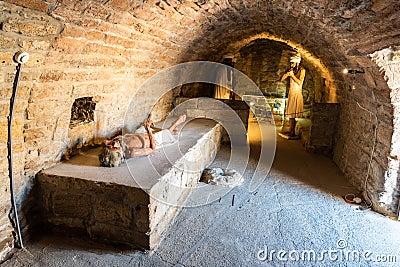 Interior view of a cell for monks at Ateshgah fire temple in Surakhani town, a suburb of Baku, Azerbaijan Editorial Stock Photo