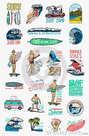 Surf badges, Vintage Surfer logo. Retro Wave and palm. Summer California pins set. Man on the surfboard, beach and sea Vector Illustration