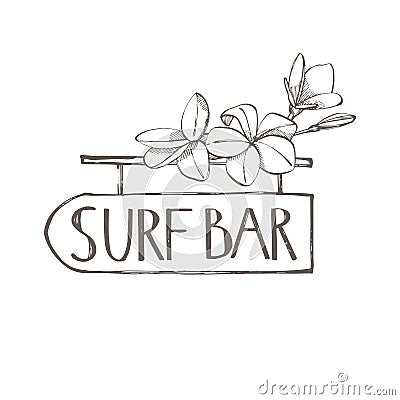 Surf bar. Composition this Signboard and Tropical palm leaves, graphic illustration. Graphic hand drawn painted Cartoon Illustration